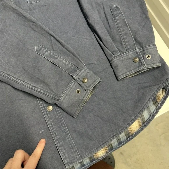 LL Bean Mens Large Flannel Lined Canvas Shirt Jacket Blue Snap Front - Picture 2 of 8